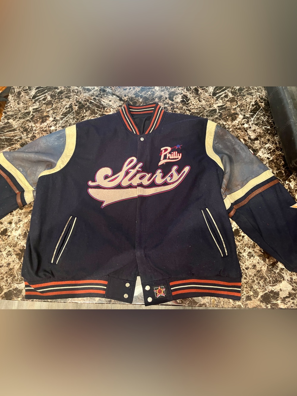 Mens Navy & Cream Varsity Jacket with 'Rally Stars' Script